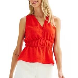 Nine West Sleeveless Blouse Top Red Button Front Peplum Elastic Waist Sz large